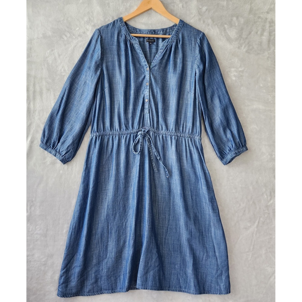 Talbots Blue Tencel Lyocell Chambray Drawstring Waist Dress 14 V-Neck 3/4 Sleeve